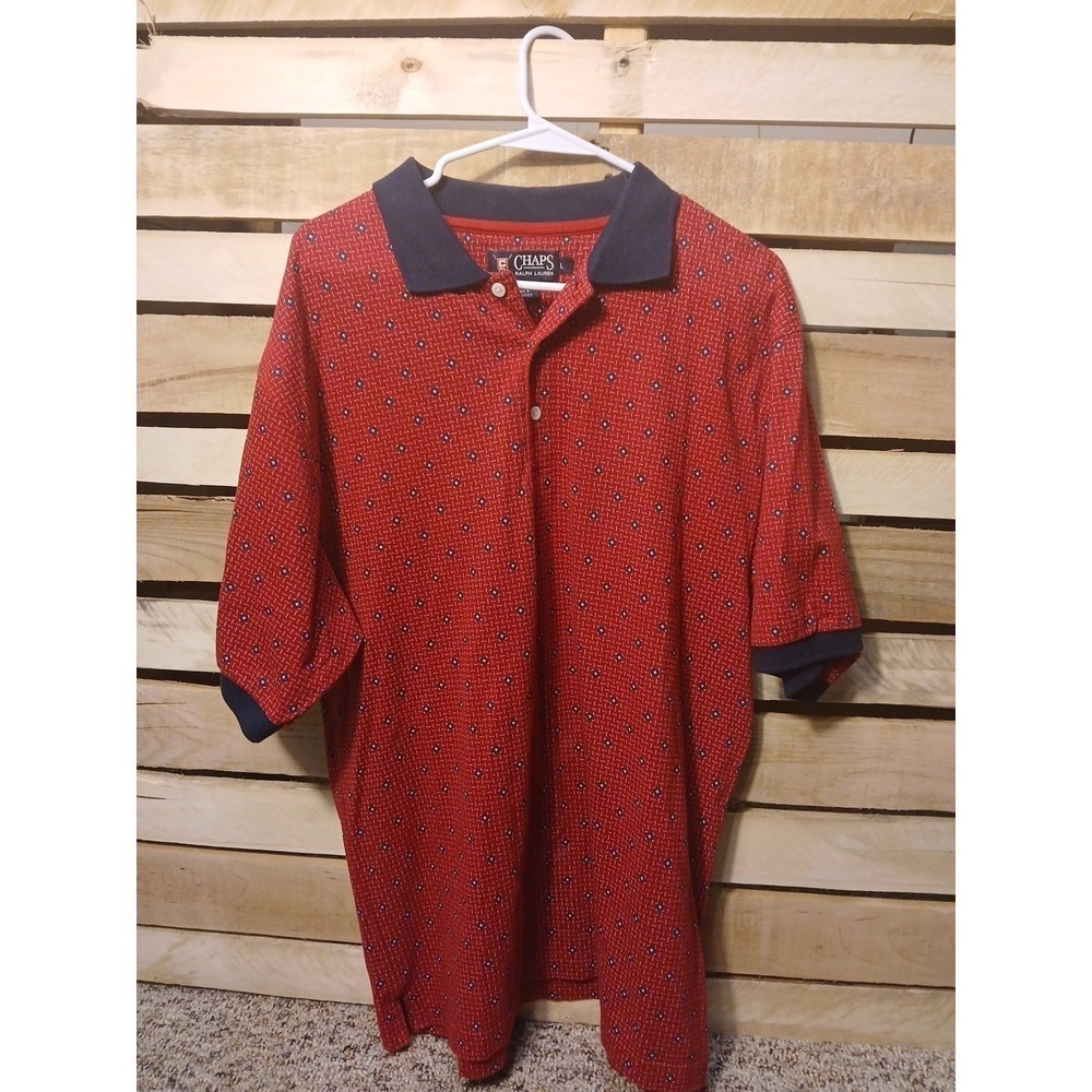 VTG Chaps Ralph Lauren Polo Golf Shirt  L Short Sleeve Red Geometric Pattern